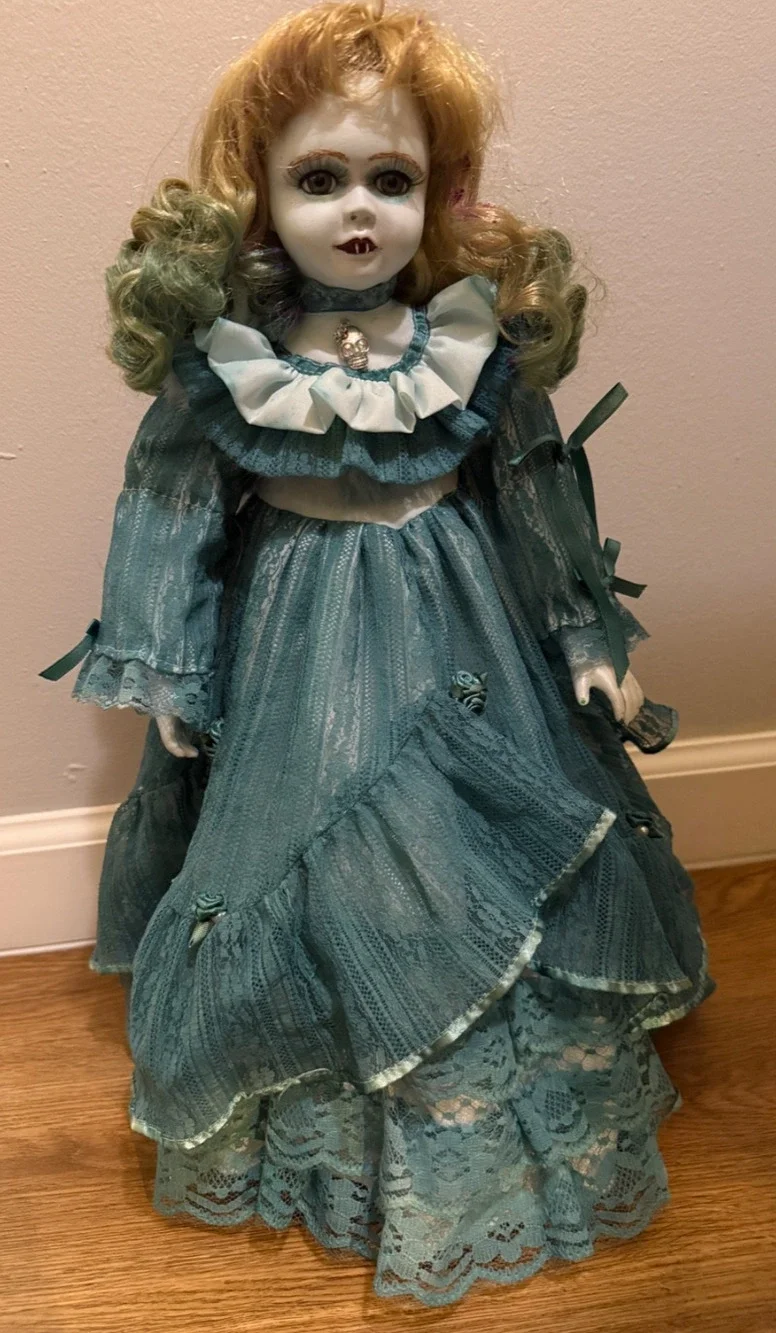OOAK Gothic Glampire Vampire Porcelain Doll 18” Teal Lace Fang Teeth w/ Stand